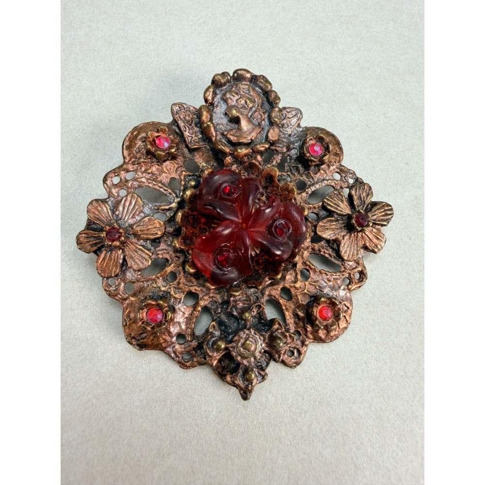 Vintage Copper Tone Brutalist Floral Pendant Red Glass Artisan Statement Jewelry
